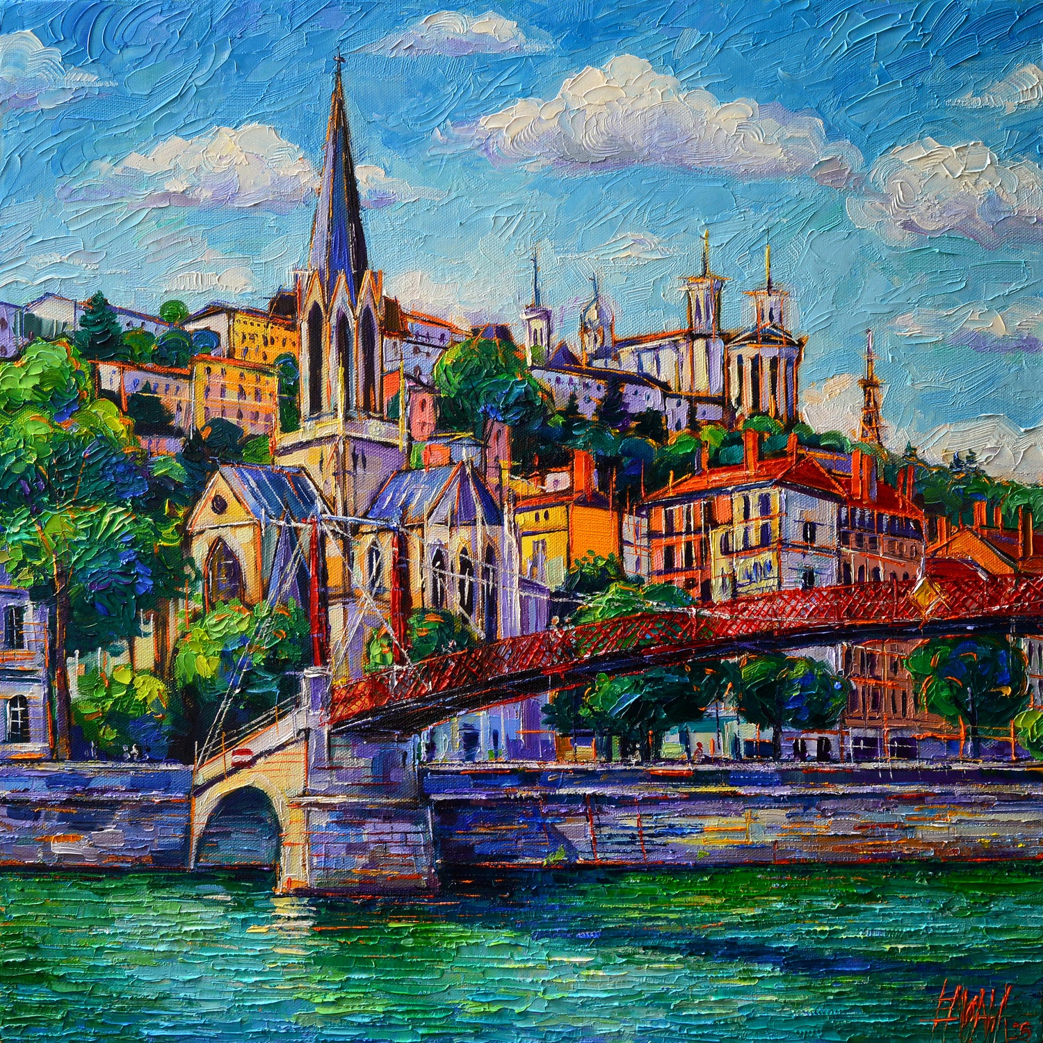 Colorful painting of a cityscape with a bridge over water